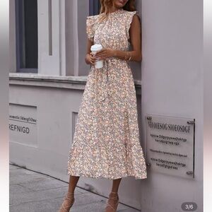 Ruffle trim dress with floral printed belt